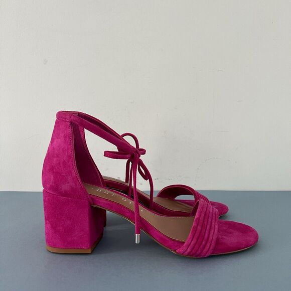 Gianni Bini Rhiaann Ankle Tie Pink Fuchsia Suede Block Heel Sandals - Picture 4 of 8